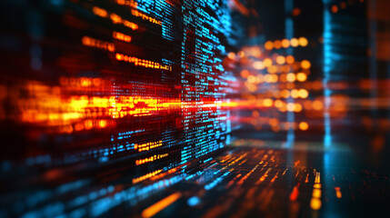 Abstract data stream with orange and blue light patterns and digital code overlay effect