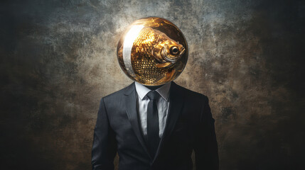 A conceptual portrait of a businessman in formal attire, with a golden fishbowl instead of a head, symbolizing trapped thoughts and isolation
