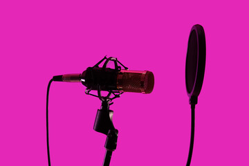 Stand with professional microphone on pink background