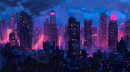 Obraz premium Modern city downtown at night, skyscrapers with brightly lit windows, streetlights casting warm glows on busy roads, panoramic view capturing urban vibrancy. 