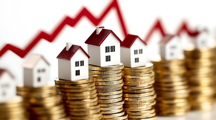 Real Estate Investment Growth Concept, Miniature houses on stacks of coins with a red upward graph line in the background
