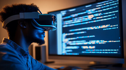 Man wearing vr headset looking at computer screen displaying lines of code in a dark room