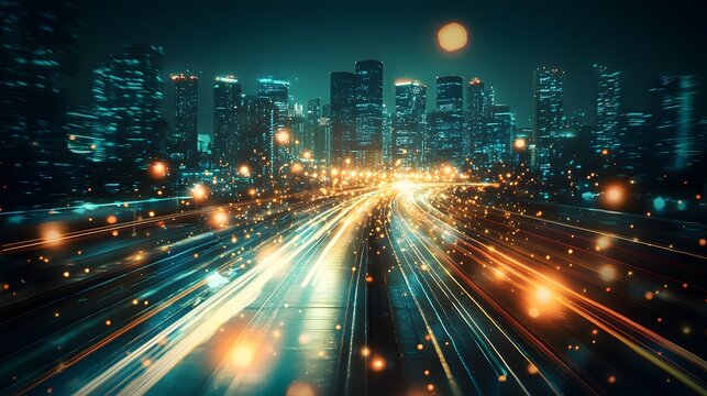 Vibrant cityscape at night with illuminated buildings and energy-efficient urban solutions under a starry sky