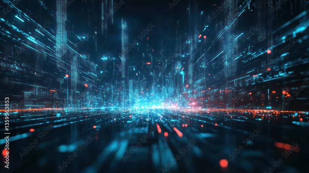 Poster digital metropolis: a futuristic cityscape of light and data streams