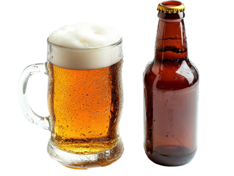 Isolated Beer Mug and Brown Bottle