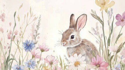 Obraz premium Adorable Bunny Amidst a Spring Meadow Watercolor Painting