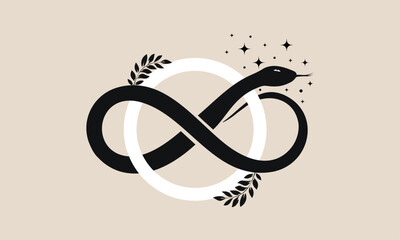 Infinity snake, mystical serpent curled up in shape of infinity sign, celestial eight knot symbol. Pagan wiccan design. Magic circle illustration for spiritual practices of ethnic and rites, isolated