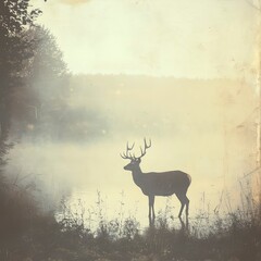 Majestic Stag Silhouette at Misty Lake Serene Nature Photography