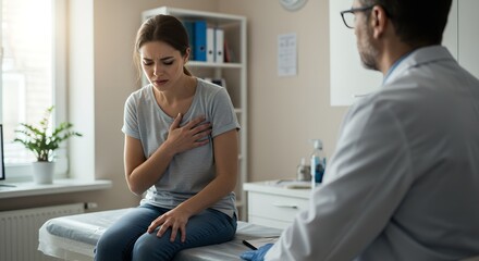 Woman Experiencing Chest Pain During Doctor Consultation in Medical Office
