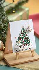 Christmas Card Display with Hand-painted Tree and Ornaments