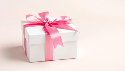 Fototapeta premium Elegant white gift box with a delicate pink ribbon, pastel background, surprise, gentle