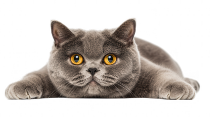 close-up a gray cat with striking orange eyes lying flat and gazing directly at the viewer showcasing its playful yet curious demeanor