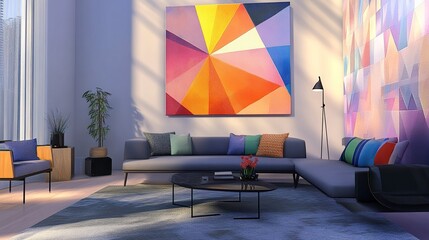 Modern living room centered around a large geometric abstract painting, sleek furnishings in soft hues, clean layout with dynamic artwork adding energy and character.  