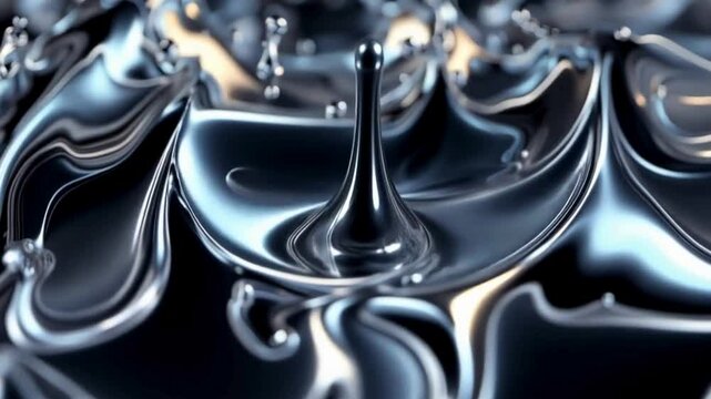 A metallic chrome ink drop forming liquid mercury waves