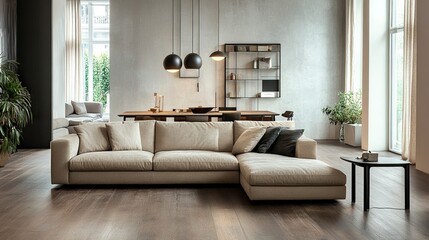 Modern living room featuring a beige sofa on sleek wooden flooring, seamlessly connected to a dining area with a stylish table, elegant decor, and warm pendant lighting.  