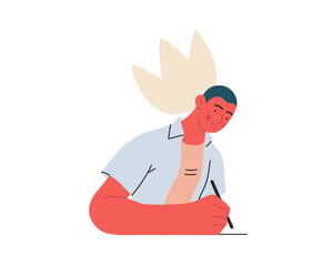 Writing people, modern flat vector concept illustration- sitting woman thoughtfully writing on paper, bubble near head Metaphor for reflection, personal insight, contemplation, creative expression