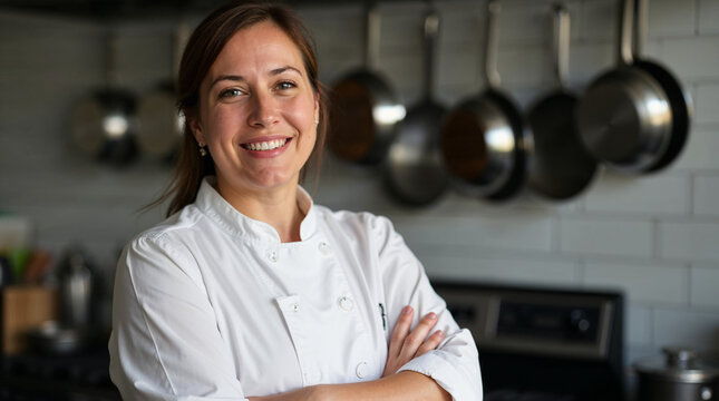 Mujer chef cocinera sonriendo en cocina profesional
