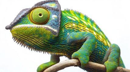 Obraz premium A close-up of a chameleon with vibrant green, yellow, and blue hues, blending naturally with its surroundings. isolated on white background.