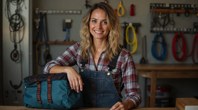 Mujer electricista sonriente con bolsa de herramientas en taller