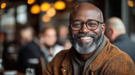 Obraz premium A cheerful man with a beard and glasses sits at a table in a cozy cafe. He is wearing a brown sweater and engaging with others in a lively, warm atmosphere during a busy afternoon