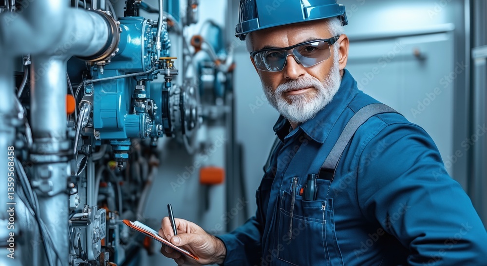 Poster technician with grey hair and glasses is inspecting machinery in a factory setting. he holds a notep