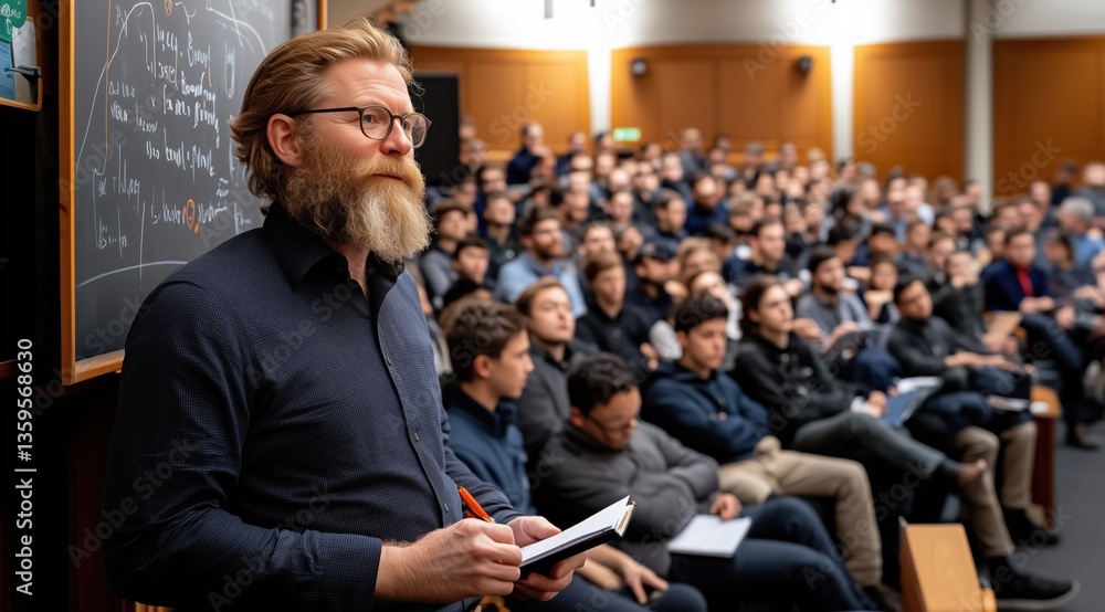 Poster university professor with a beard and glasses stands in front of a packed lecture hall, taking notes