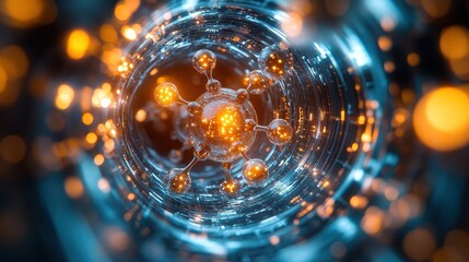 A molecular structure in a futuristic research center with glowing particles, showcasing holographic visuals and futuristic scientific advancements