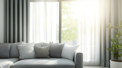 Fototapeta premium Modern minimalist living room featuring a gray sofa with stylish pillows, large window adorned with gray curtains and translucent white sheers, serene and airy design 