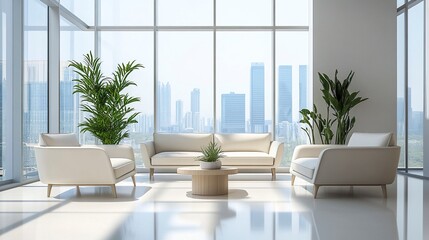 Fototapeta premium Modern minimalist living room with neutral decor, large windows providing abundant natural light, clean furniture arrangement, and subtle greenery adding a touch of freshness. 