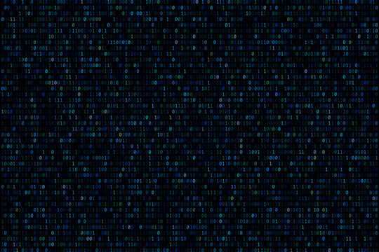 Digital binary code background features a seamless pattern of colors 1s and 0s, evoking a high-tech matrix atmosphere