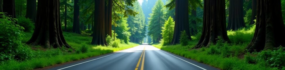 Empty highway cutting through dense greenery of towering redwoods, scenic drive, road trip, majestic