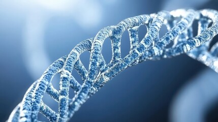 A DNA strand in a hightech laboratory with blue neon lights, showcasing microscopic details and futuristic scientific advancements
