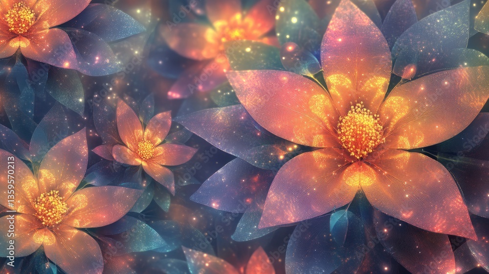Poster vibrant digital flower patterns with sparkling effects and colorful backgrounds for abstract artwork