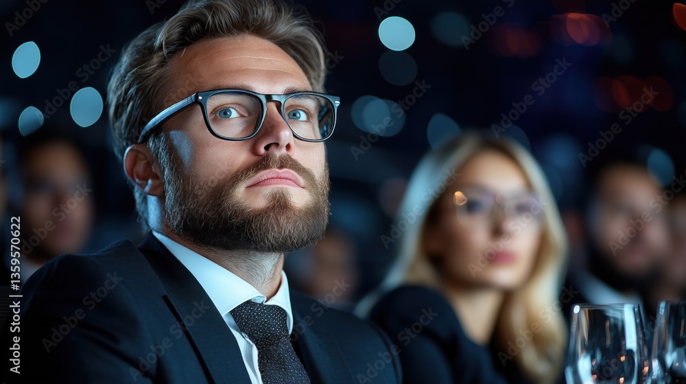 Aufkleber man with glasses and a beard looks thoughtfully while seated at a professional conference, surrounde