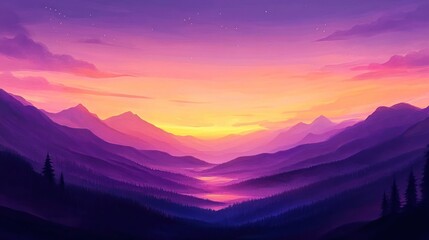 Fototapeta premium Painted twilight mountain vista with dreamy colors and distant vista