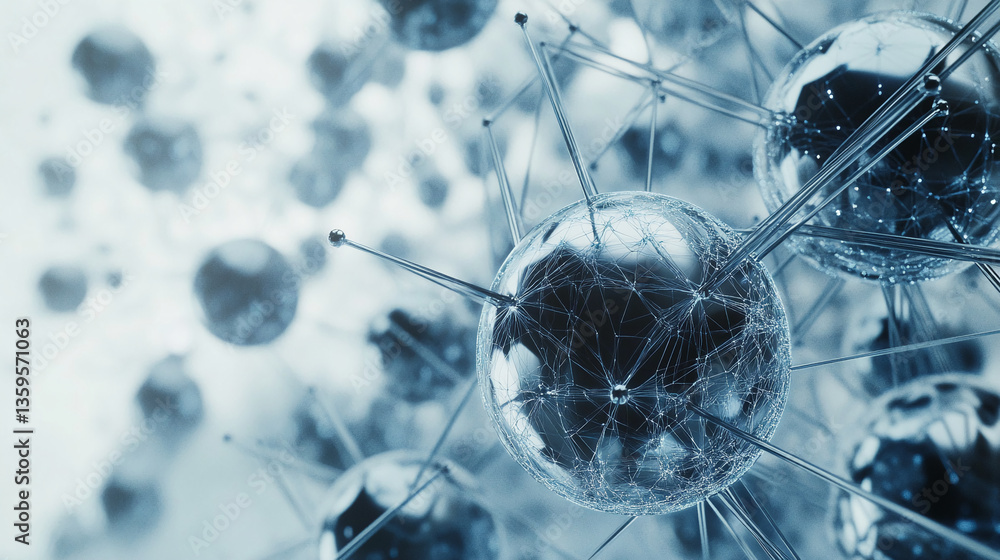 Poster abstract image of interconnected spheres with thin, metallic structures, creating a complex network,