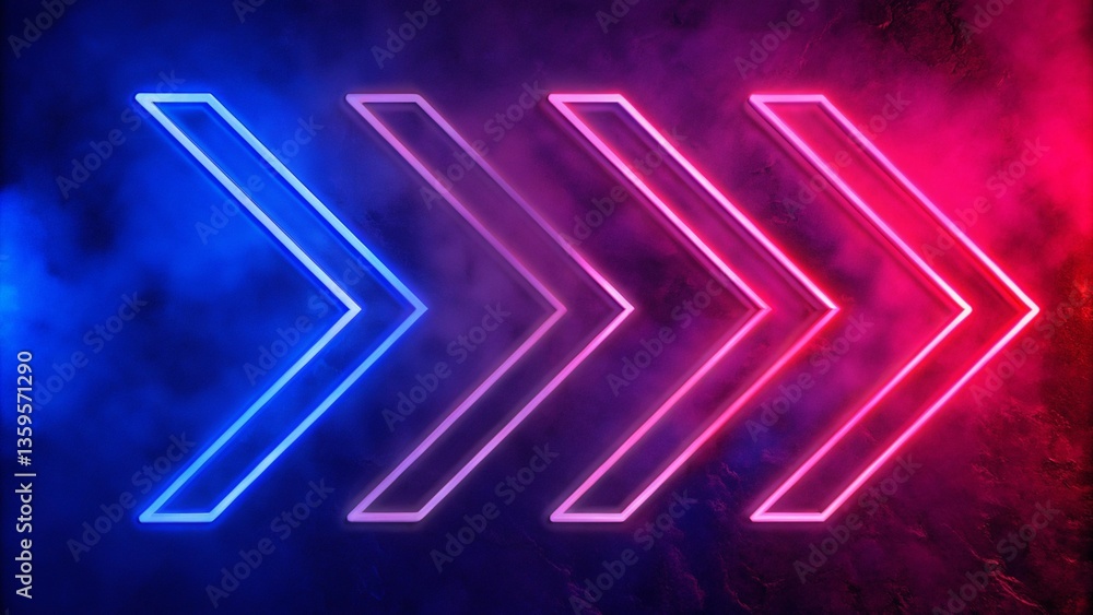 Poster a digital rendering of neon light arrows pointing to the right, with a gradient background transitio