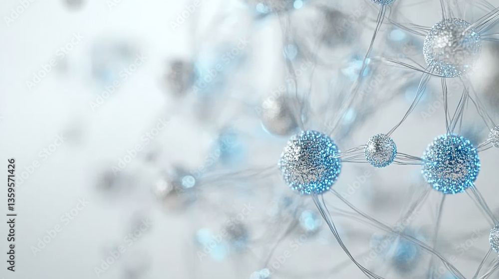 Poster abstract image of interconnected spheres, silver and blue, showcasing a network structure symbolizin