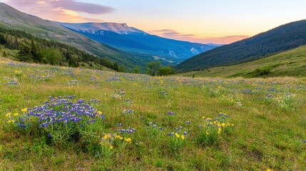 Fototapeta premium Serene Sunset Mountain Meadow Wildflowers Peaks Panorama