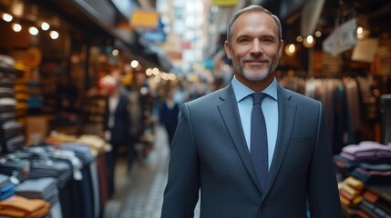 Fototapeta premium professionally dressed man stands in a crowded marketplace with colorful clothing stalls and shoppers in the background, embodying a confident presence amid the activity of the day