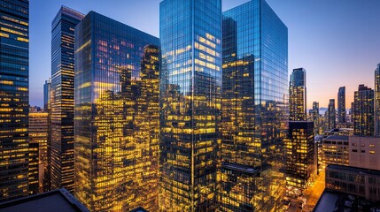 Nighttime panorama of a bustling city downtown, towering glass skyscrapers lit up with warm tones, reflections shimmering on nearby streets, crisp and immersive.  