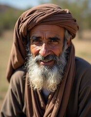 With a warm smile, an elderly Yemeni man embodies the spirit of his culture, wearing traditional attire and enjoying a peaceful moment in nature Generative AI
