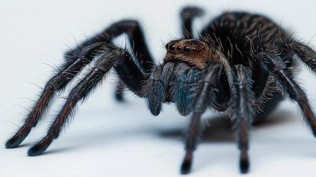 A close-up of a small tarantula spider with dark, velvety black legs and an intricate body pattern.  isolated on white background.