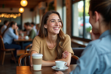 A group of friends sharing laughter and conversation over coffee in a cozy cafe