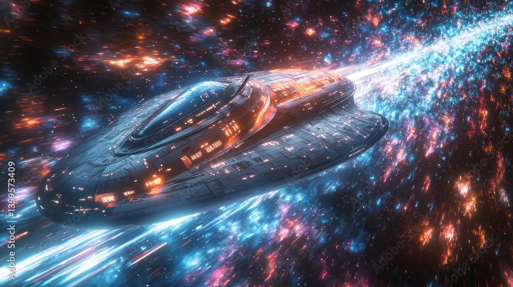 Poster spaceship navigating hyperspace with streaks of light and vivid colors