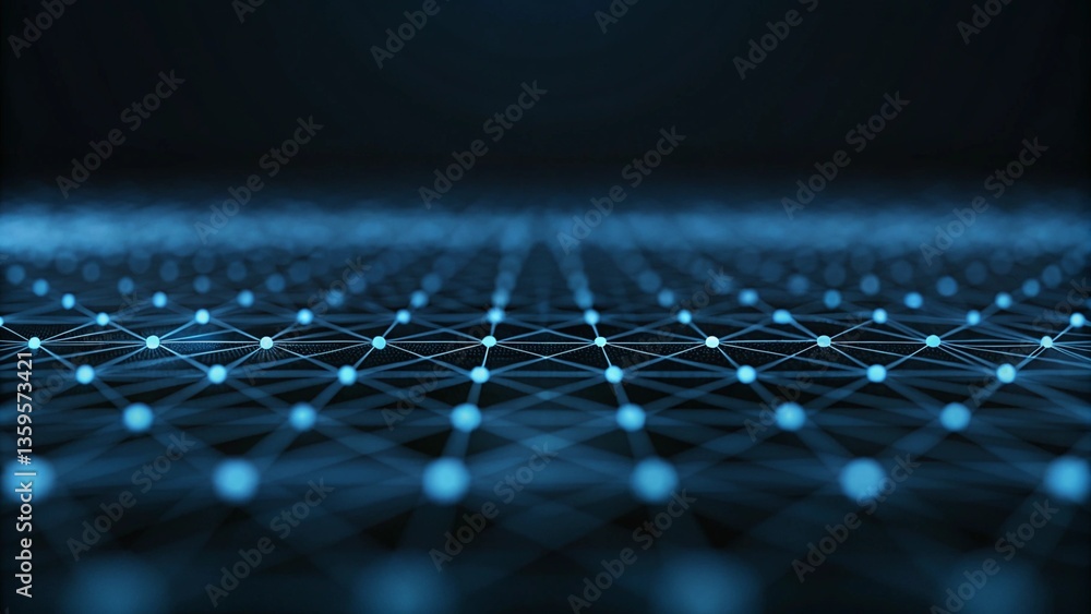 Poster a dark background with a blue abstract design of connected lines and dots, representing technologica