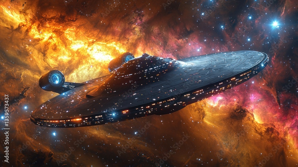 Poster spaceship exploring distant nebulas, outer space exploration and future tech
