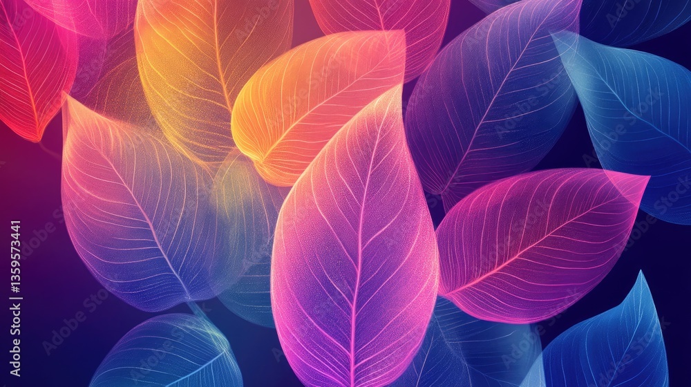 Poster colorful abstract leaves with multicolored gradient and soft glow on a dark background for creative 