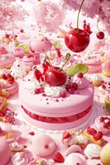 Naklejka premium Boda de ensueño con deliciosos postres y cerezas brillantes en un ambiente romántico
