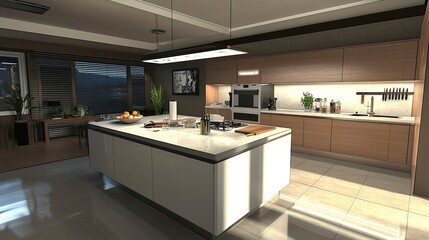 Open-plan modern kitchen with a glossy island countertop, seamless built-in appliances, and soft wood accents, sleek lighting adding warmth, rendered in a realistic 3D style. 